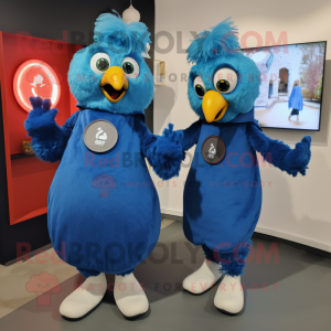 Blue Chicken Parmesan mascot costume character dressed with a Midi Dress and Smartwatches