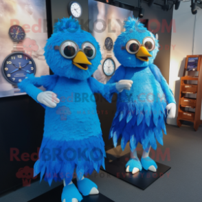 Blue Chicken Parmesan mascot costume character dressed with a Midi Dress and Smartwatches