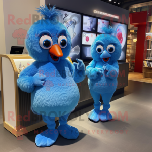 Blue Chicken Parmesan mascot costume character dressed with a Midi Dress and Smartwatches