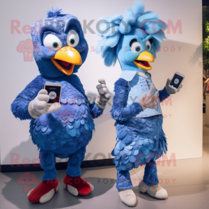 Blue Chicken Parmesan mascot costume character dressed with a Midi Dress and Smartwatches