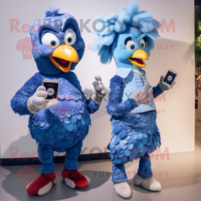 Blue Chicken Parmesan mascot costume character dressed with a Midi Dress and Smartwatches