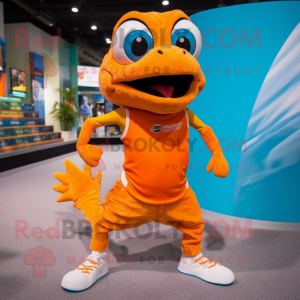 Orange Barracuda mascot costume character dressed with a Running Shorts and Shoe laces
