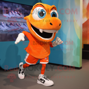 Orange Barracuda mascot costume character dressed with a Running Shorts and Shoe laces