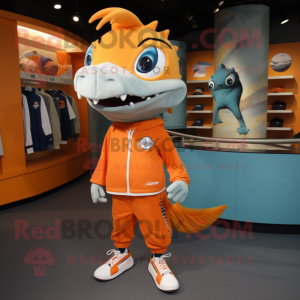 Orange Barracuda mascot costume character dressed with a Running Shorts and Shoe laces