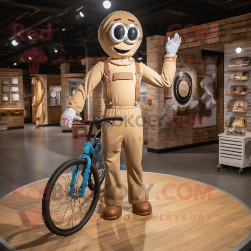 Tan Unicyclist mascot costume character dressed with a Jumpsuit and Suspenders