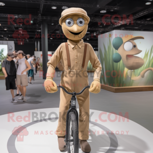 Tan Unicyclist mascot costume character dressed with a Jumpsuit and Suspenders