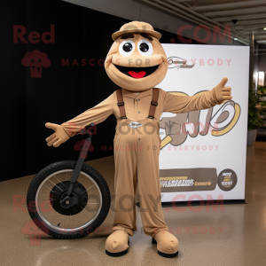 Tan Unicyclist mascot costume character dressed with a Jumpsuit and Suspenders