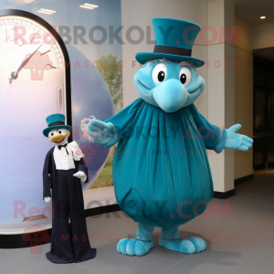 Teal Magician mascot costume character dressed with a Pleated Skirt and Watches