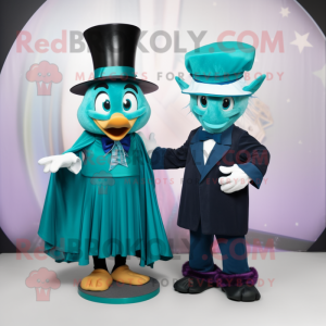 Teal Magician mascot costume character dressed with a Pleated Skirt and Watches