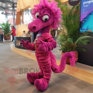 Magenta Seahorse mascot costume character dressed with a Flare Jeans and Bracelets