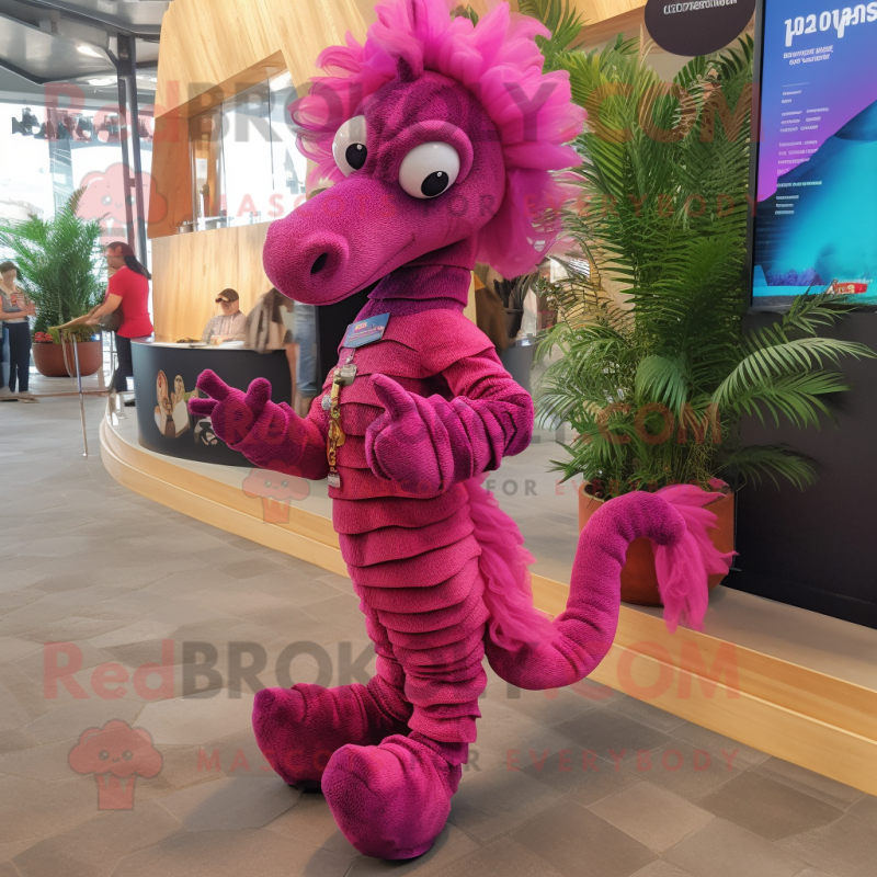 Magenta Seahorse mascot costume character dressed with a Flare Jeans and Bracelets