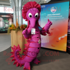 Magenta Seahorse mascot costume character dressed with a Flare Jeans and Bracelets