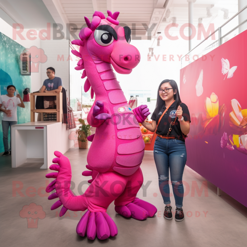 Magenta Seahorse mascot costume character dressed with a Flare Jeans and Bracelets