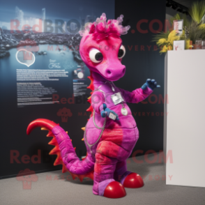 Magenta Seahorse mascot costume character dressed with a Flare Jeans and Bracelets