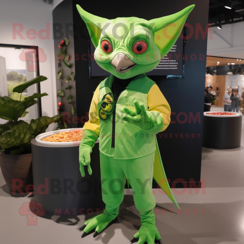 Lime Green Fruit Bat mascot costume character dressed with a Jeggings and Cufflinks Lime Green Fruit Bat mascot costume character dressed with a Jeggings and Cufflinks