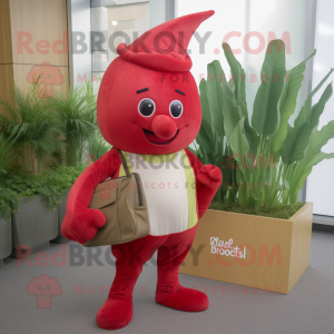 Red Radish mascot costume character dressed with a Chinos and Messenger bags