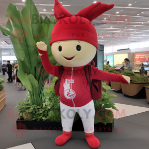 Red Radish mascot costume character dressed with a Chinos and Messenger bags