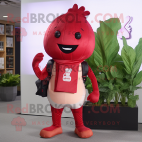 Red Radish mascot costume character dressed with a Chinos and Messenger bags