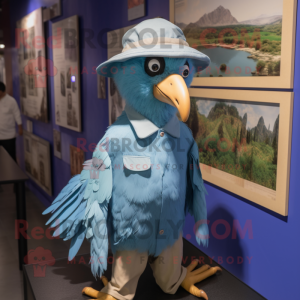 Sky Blue Vulture mascot costume character dressed with a Chinos and Hats