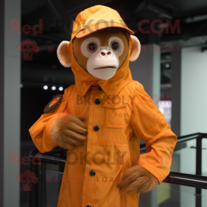 Orange Capuchin Monkey mascot costume character dressed with a Raincoat and Caps