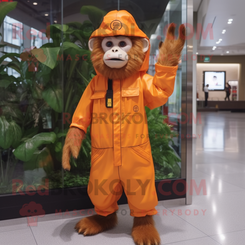 Orange Capuchin Monkey mascot costume character dressed with a Raincoat and Caps