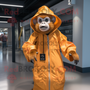 Orange Capuchin Monkey mascot costume character dressed with a Raincoat and Caps