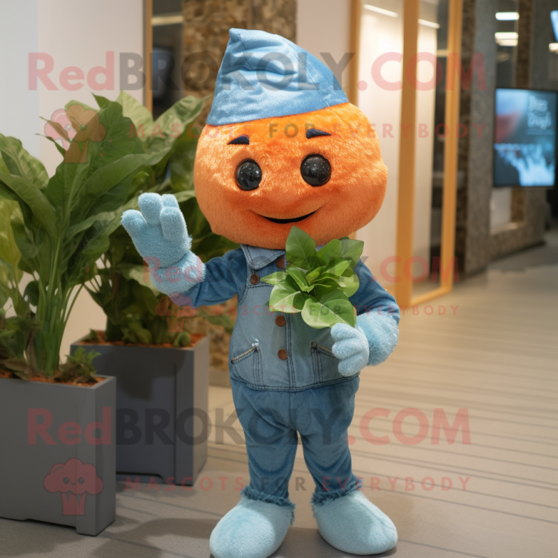 Orange Spinach mascot costume character dressed with a Chambray Shirt and Mittens