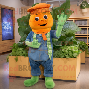 Orange Spinach mascot costume character dressed with a Chambray Shirt and Mittens