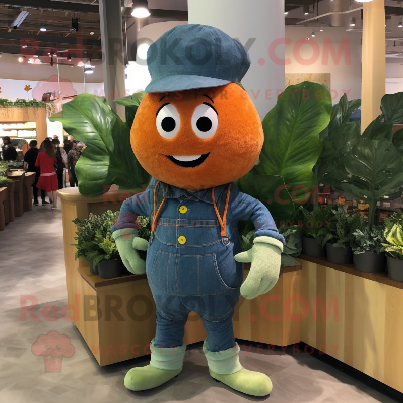 Orange Spinach mascot costume character dressed with a Chambray Shirt and Mittens Orange Spinach mascot costume character dressed with a Chambray Shirt and Mittens