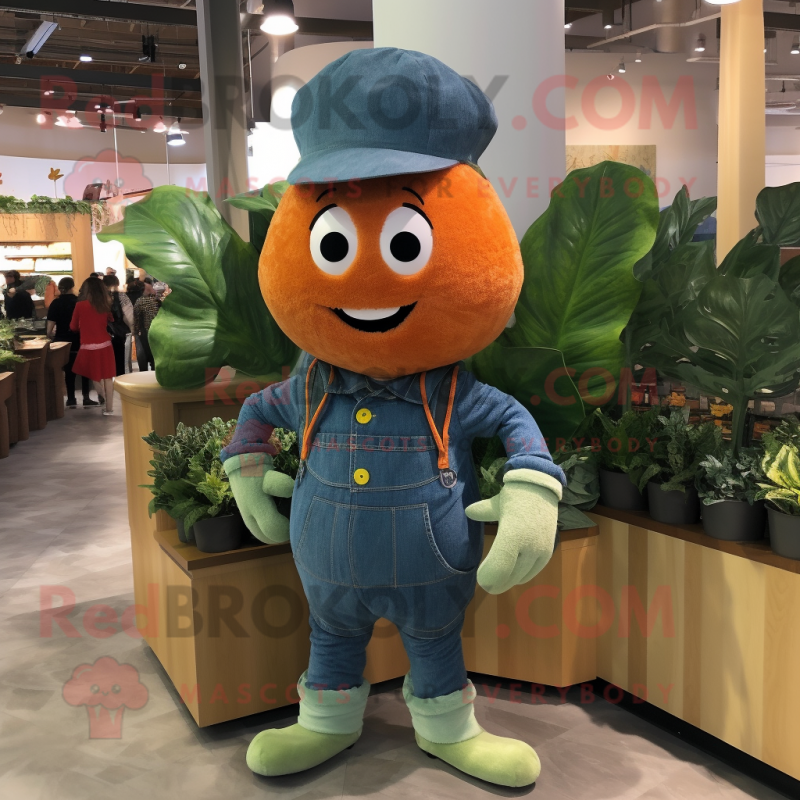 Orange Spinach mascot costume character dressed with a Chambray Shirt and Mittens