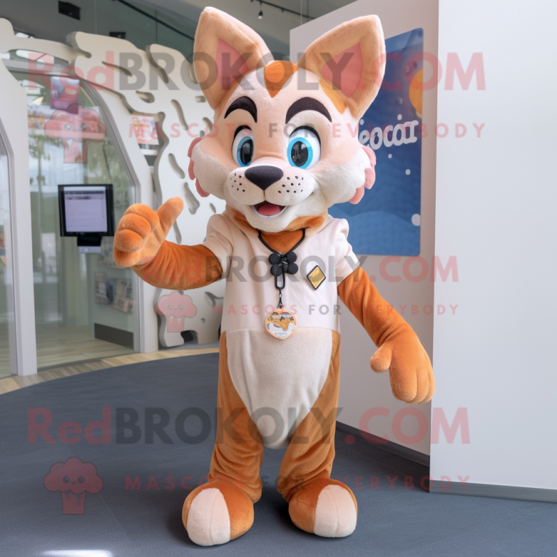 Peach Bobcat mascot costume character dressed with a Playsuit and Scarf clips