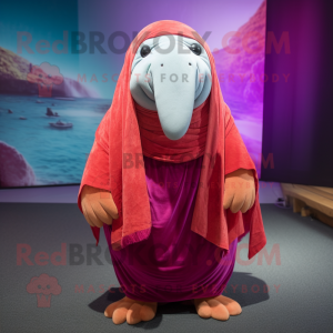 Magenta Walrus mascot costume character dressed with a Mini Skirt and Shawls