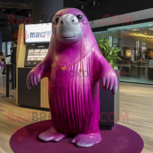 Magenta Walrus mascot costume character dressed with a Mini Skirt and Shawls