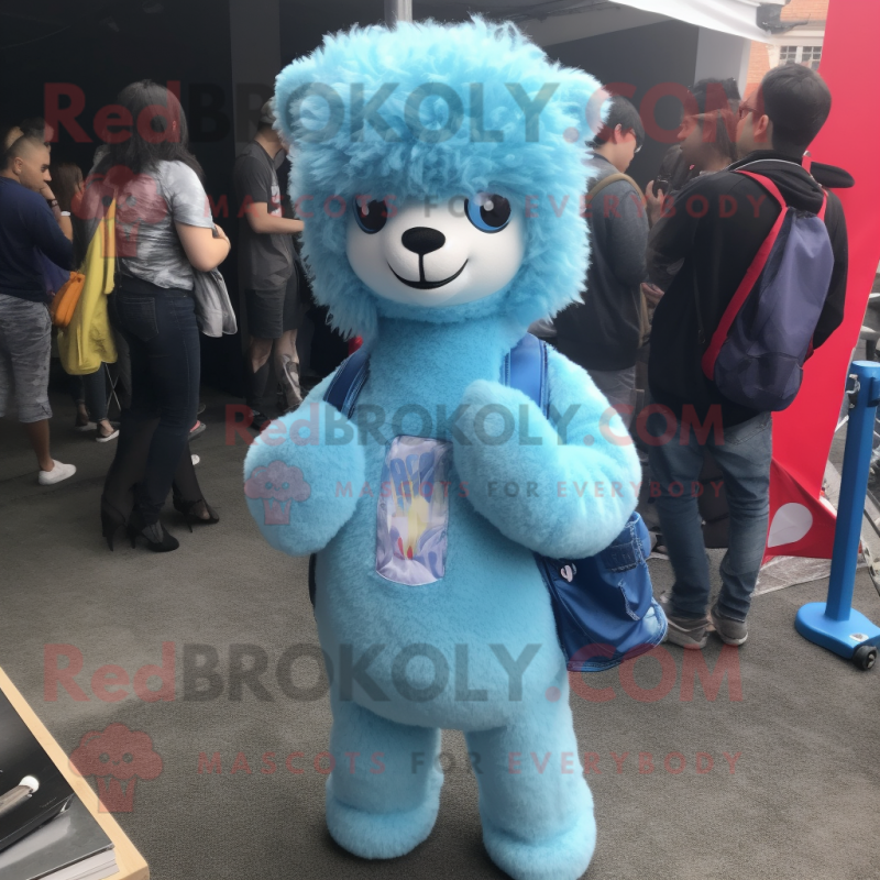 Sky Blue Alpaca mascot costume character dressed with a Jeggings and Hair clips Sky Blue Alpaca mascot costume character dressed with a Jeggings and Hair clips