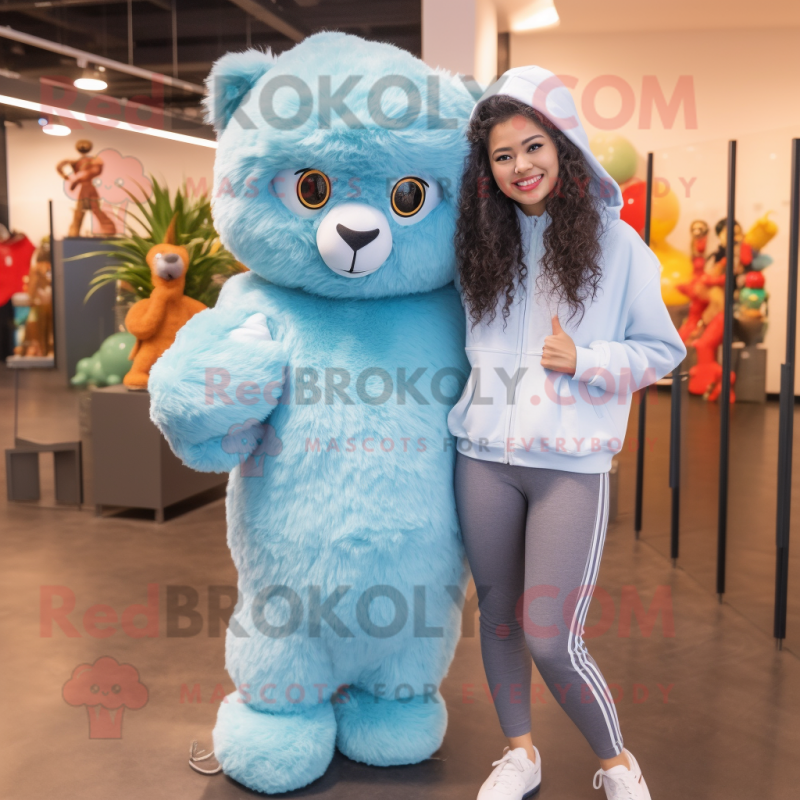 Sky Blue Alpaca mascot costume character dressed with a Jeggings and Hair clips