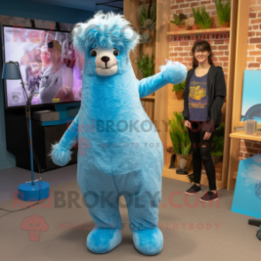Sky Blue Alpaca mascot costume character dressed with a Jeggings and Hair clips