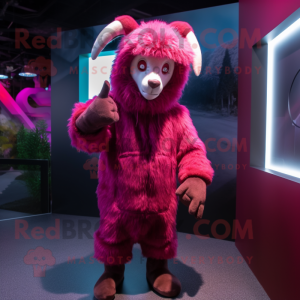 Magenta Angora Goat mascot costume character dressed with a Hoodie and Gloves