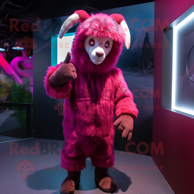 Magenta Angora Goat mascot costume character dressed with a Hoodie and Gloves Magenta Angora Goat mascot costume character dressed with a Hoodie and Gloves