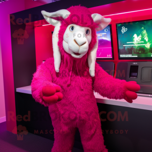 Magenta Angora Goat mascot costume character dressed with a Hoodie and Gloves