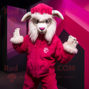 Magenta Angora Goat mascot costume character dressed with a Hoodie and Gloves