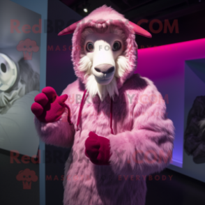 Magenta Angora Goat mascot costume character dressed with a Hoodie and Gloves