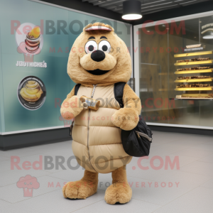 Beige Bagels mascot costume character dressed with a Parka and Wallets