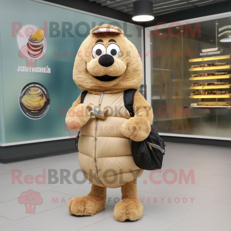 Beige Bagels mascot costume character dressed with a Parka and Wallets Beige Bagels mascot costume character dressed with a Parka and Wallets