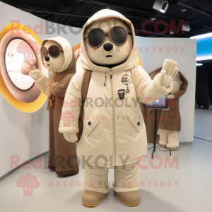 Beige Bagels mascot costume character dressed with a Parka and Wallets