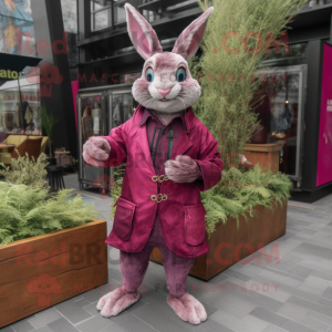 Magenta Wild Rabbit mascot costume character dressed with a Jacket and Wraps