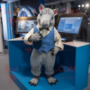 Blue Armadillo mascot costume character dressed with a Oxford Shirt and Cufflinks