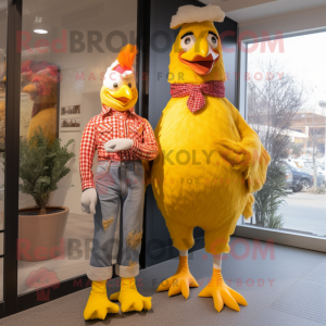 Yellow Rooster mascot costume character dressed with a Mom Jeans and Mittens