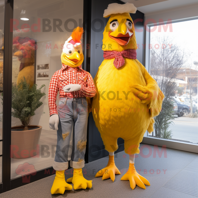 Yellow Rooster mascot costume character dressed with a Mom Jeans and Mittens