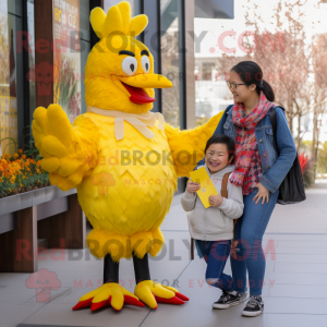 Yellow Rooster mascot costume character dressed with a Mom Jeans and Mittens