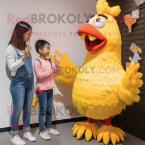 Yellow Rooster mascot costume character dressed with a Mom Jeans and Mittens